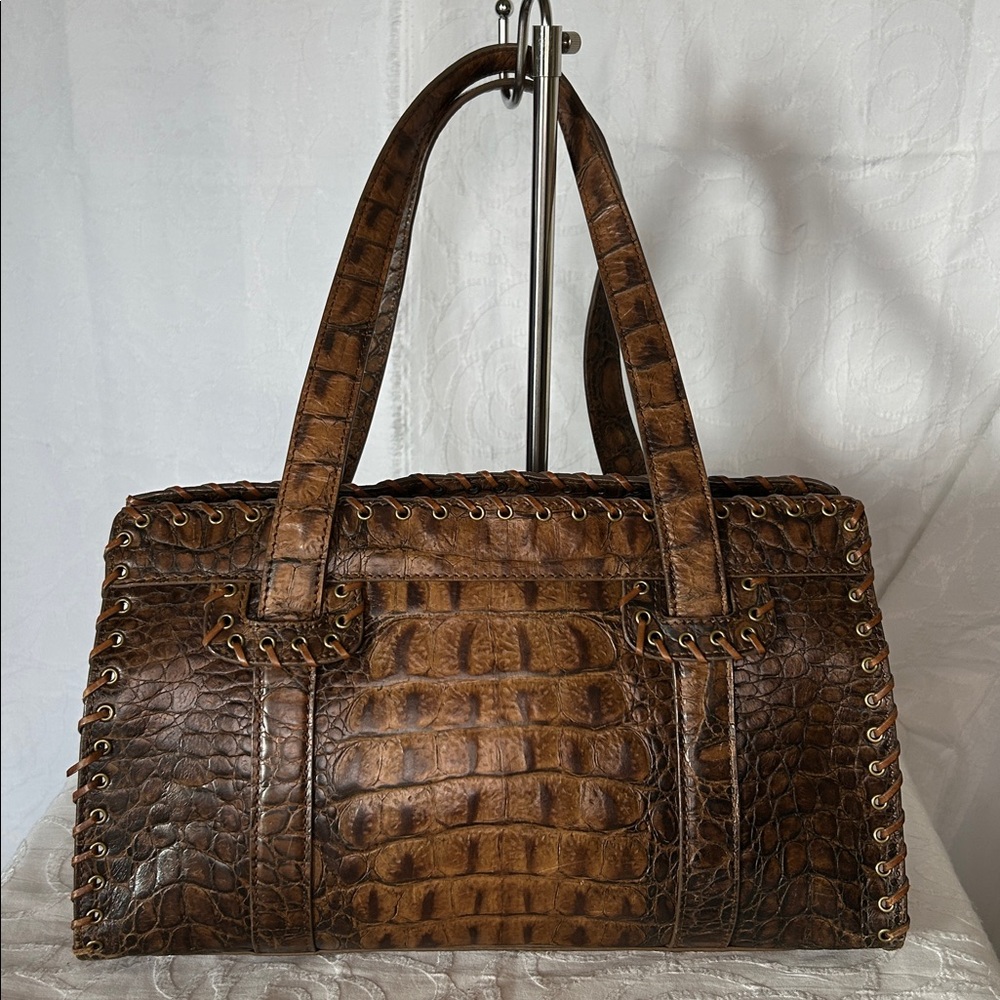 SONDRA ROBERTS Brown Crocodile Embossed Tote Bag.